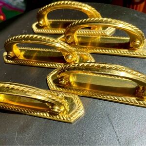 😍 5 STUNNING VINTAGE SOLID BRASS Pull Handles w Matching Backplates